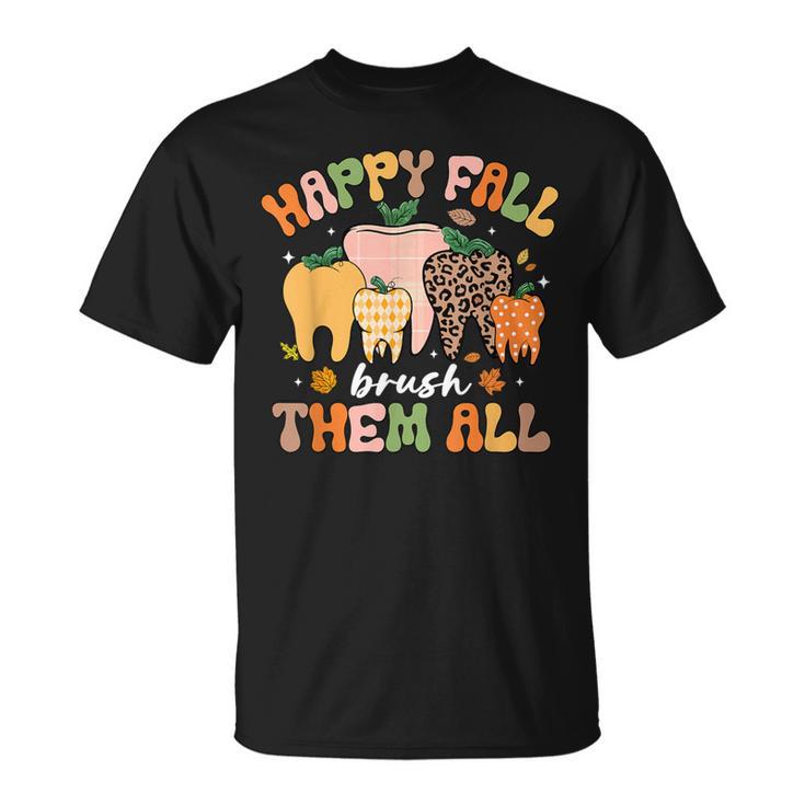 Happy Fall Brush Them All Tooth Pumpkin Leopard Dental Tshirt